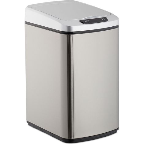 Relaxdays Sensor Mülleimer 12l, eckiger Abfalleimer mit Deckel & Inneneimer, Küche & Bad, Automatik Mülleimer, silber
