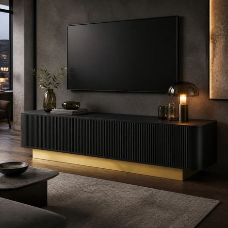 Meuble TV 170 cm en MDF et panneaux de particules noirs, rangement et gestion des câbles - CHICFURN (1/5)