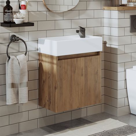 Mini Cloakroom Vanity Unit with Basin, Oak Effect (1/5)