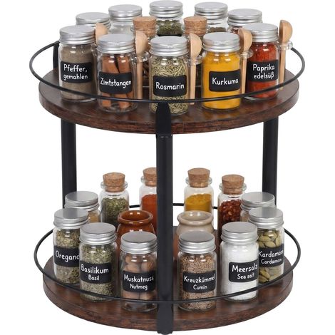 Relaxdays rotating spice rack, 2 tiers, 360° carousel, safety rim, HxD: 28 x 26 cm, oil & vinegar, brown/black