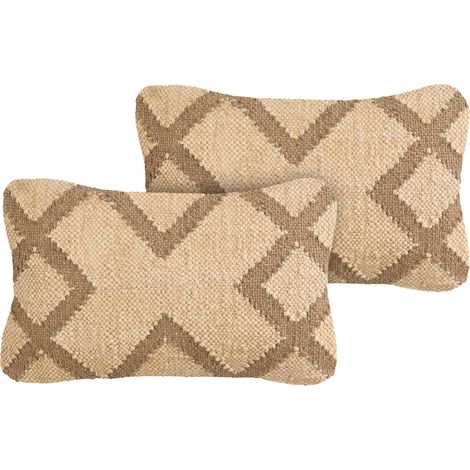 Conjunto de 2 cojines patrón geométrico tapizado de yute y lana 30 x 50 cm beige y marrón claro Gopi (1/5)
