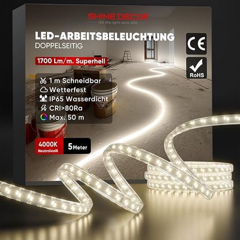 LED Strip 5 m, 14w/m, 1700lm/m, 240LED/m Ultra High Brightness, Illumination on Both Sides IP65 Waterproof, Extendable up to 50 m for Construction (without Winder) (1/4)