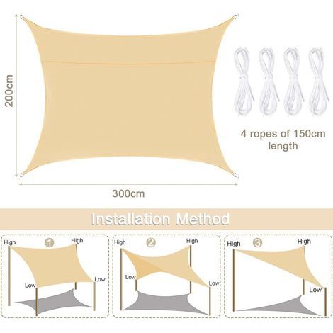 Voile d'ombrage,Toile Solaire Voile 2 x 3 m Voile d'ombrage Terrasse Rectangulaire Imperméable, Voile d'ombrage Jardin,Résistant Aux UV,pour en Plein air,Corde,Jaune de Riz Toile ombrage (1/4)