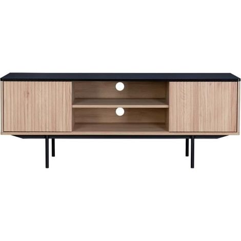 Meuble TV 2 portes - Décor bois et noir - L 140 x P 39 x H 53 - MEMPHIS (1/5)