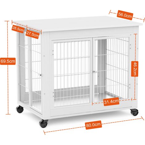 Tableau de chien style meuble, niche en bois avec double porte, chenil d'intérieur à toit ouvrant, équipé de roulettes pour un déplacement facile, blanc, 80x56x69,5 cm (1/5)