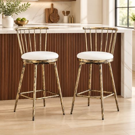 Tabouret de bar Windsor en métal, lot de 2, siège rembourré PU marron et blanc HAVRYA (1/5)