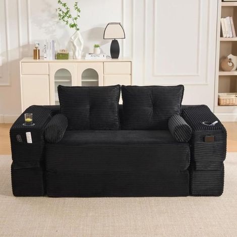Canapé convertible - KOMHTOM - 2 places - velours côtelé - matelas mémoire de forme - poches - noir (1/5)