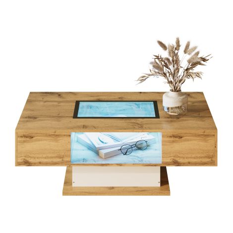 Table Basse, Table de Salon avec Lumière LED Changeant de Couleur, avec verre, Table d'Appoint avec deux tiroirs,110.2x60x39.7cm (1/5)