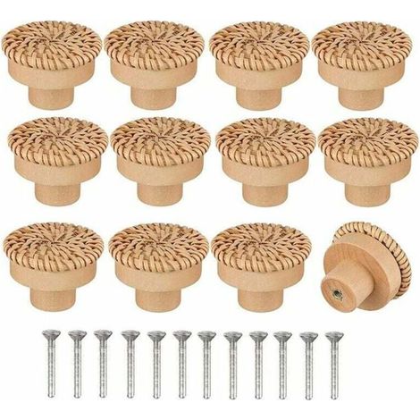 Lot de 12 Boutons de Commode en Rotin de Style Bohème - Faits à la Main - Inclus Vis - Convient pour Meubles en Bois. Tiroirs. Armoires-INHHUB (1/5)