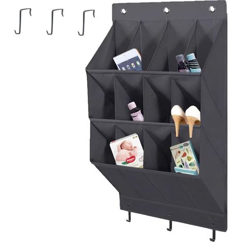 Over the Door Shoe Organizer, 12 Pockets Hanging Shoe Storage Rack with Large Deep Pockets, Oxford 600D Fabric Grey Shoe Storage Rack with 6 hook for Shoes, Slipper,Home Accessories etc-Black (1/3)