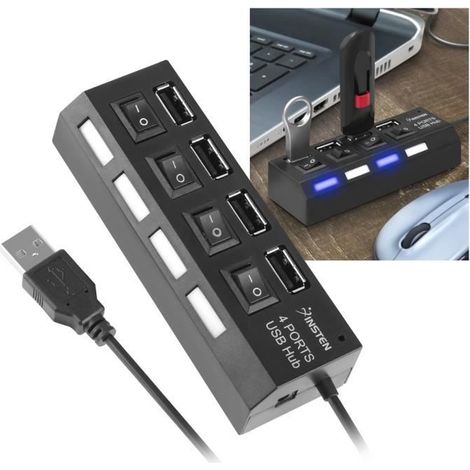 INSTEN® Hub Multiprise 4 Ports USB 2.0 noir avec interrupteurs marche-arrêt Pour Transfert de données Synchronisation Ordinateur-Ywey (1/5)