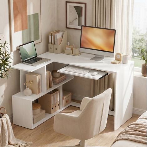 Bureau d'angle 120x100x76 cm en bois blanc avec tiroir clavier, pour petit bureau – MEUBLIV (1/5)