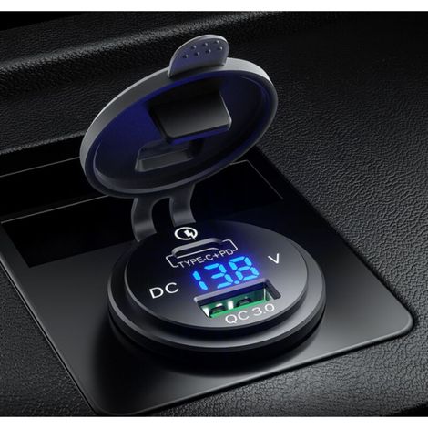 Chargeur pour électroportatif，Chargeur Rapide USB C Voiture 12V / 24V QC 3.0 64W Double Prise Chargeur USB Étanche avec LED Voltmètre pour Voiture Aarine Moto Bateau Caravane，CMODIHI (1/5)