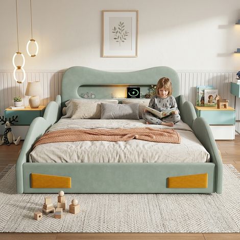 Lit voiture enfant 140x200cm avec lampe de lecture, port de charge, tiroir au pied et roues décoratives, lit rembourré en velours, vert