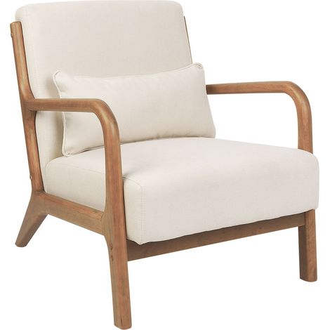 Poltrona classica retrò con braccioli e cuscino Gambe in legno di gomma Tessuto beige chiaro Skovde