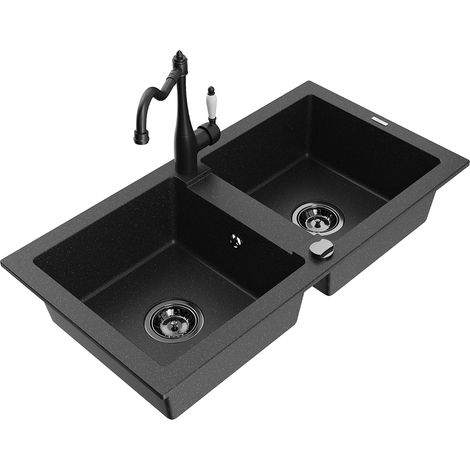 Mexen Mario 2-Becken-Granitspüle mit Mischbatterie Carla, Schwarz/Silbermetallic - 6504-73-670700-70