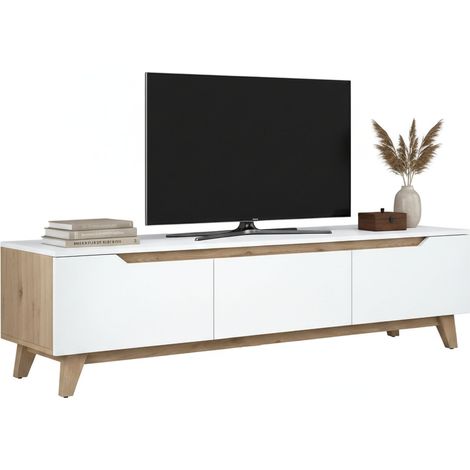 Dmora - Fernsehschrank Cor, Ständer für Wohnzimmerfernseher, Niedriges Wohnzimmer-Sideboard, TV-Ständerbasis, 180x35h49 cm, Weiß und Walnuss, mit verstärkter Verpackung