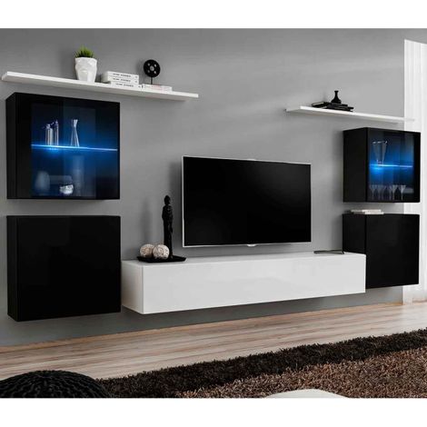 Meuble TV Mural Design "Switch XIV" 320cm Blanc & Noir (1/4)