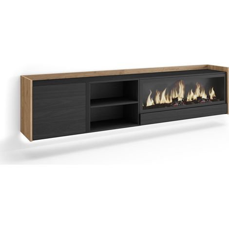 Skraut Home - Meuble TV, Banc Télé, Grand espace de Rangement, 212x35x50cm, Pour les TV jusqu'à 80", Cheminée électrique XXL, Suspendu, Mural, LED, Style moderne, Noir et chêne (1/5)