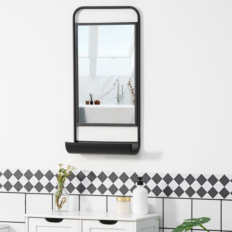 Espejo de pared con estante inferior y marco de metal, espejo para baño y dormitorio, 36,2 x 12 x 71,7 cm, negro.