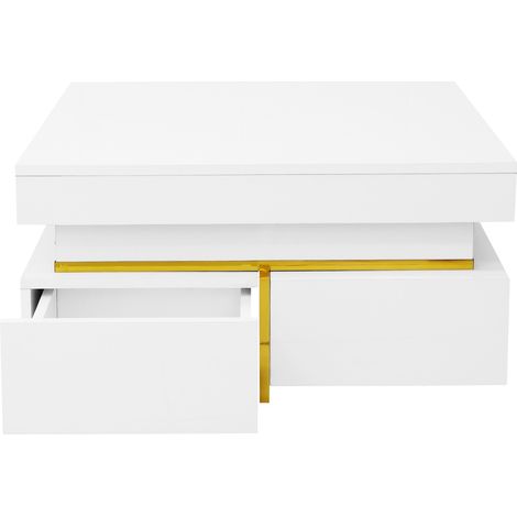 Mesa de centro blanca en alto brillo con 2 cajones y detalles dorados (1/5)