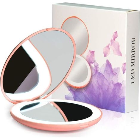 Specchio ingranditore, specchio LED compatto, specchio da viaggio illuminato, ingrandimento 10x, portatile, a doppia faccia, specchio per il trucco portatile per tasca, borsa, regalo, bianco, rotondo 