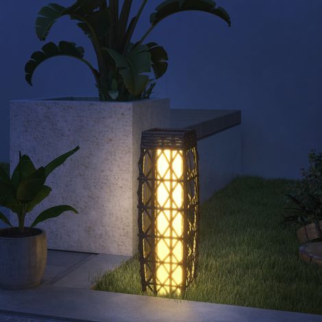 Lampada da esterno in rattan, lampada solare da giardino, accensione automatica, LED, resistente alle intemperie, struttura in metallo, 20 x 20 x 68 cm, grigia