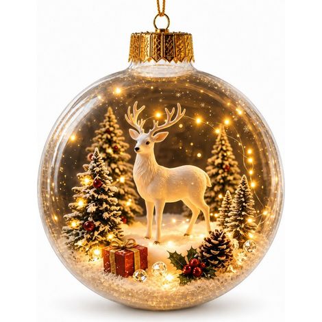 Boule à neige lumineuse en acrylique transparent, décor de Noël, scène de forêt hivernale avec rennes en 3D, boule à suspendre au sapin, cadeau de Noël (1/5)