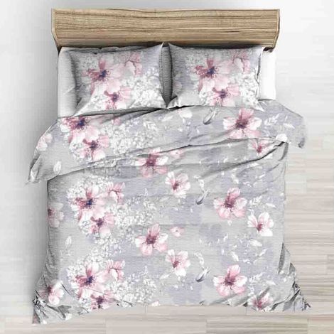 Bettwäsche-Set 160x200 grau mit großen rosa aufgemalten Blumen (1/2)