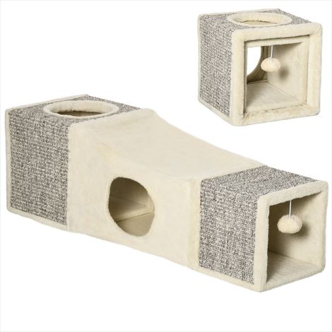 Maison pour chat Crème en panneaux de particules avec tunnel et (1/5)