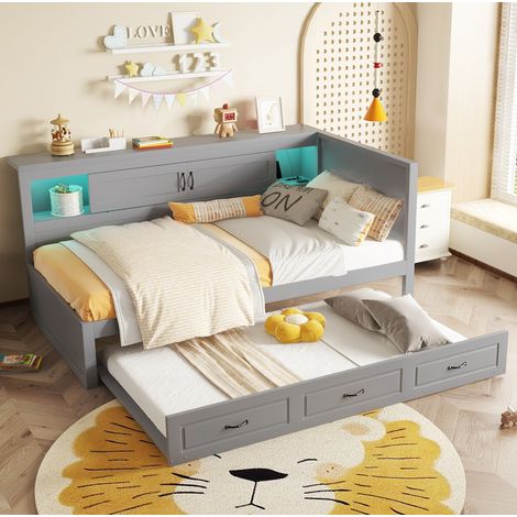 DESVIAE Canapé lit daybed 90 x 200 cm gris avec éclairage d ambiance prise usb et espace de rangement lit gigogne pour chambre enfant structure en panneaux de particules et mdf (1/5)