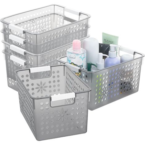 Lot de 6 boîtes de rangement en plastique avec poignée, paniers de rangement avec trou, panier de rangement ouvert pour la maison, la cuisine, le bureau, noir transparent (27 x 18 x 14,5 cm) (1/5)