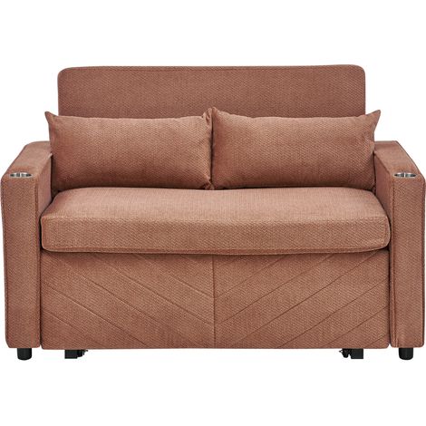 Sofá cama 2 plazas 3 en 1 naranja de madera y tela con carga USB y sistema deslizante (1/5)