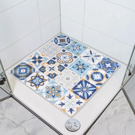 Tapis de douche antidérapant 60x40cm, tapis de bain carré, fond en maille perméable et respirante- à carreaux bleus et blancs