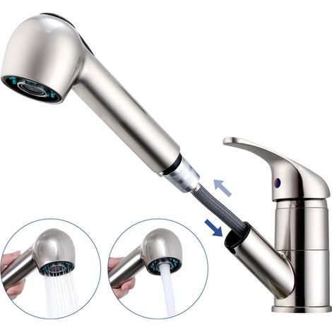 Robinet de Cuisine avec Douchette Extractible Mitigeur de cuisine 180° Bec Rotatif Mitigeur d'Évier en Acier inoxydable Mitigeur Cuisine et Chaude et Froide Brossé (1/5)