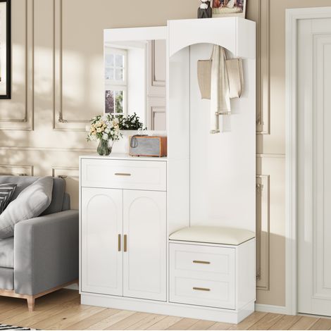 Mueble recibidor con espejo y zapatero en blanco OKMYHOME (1/5)