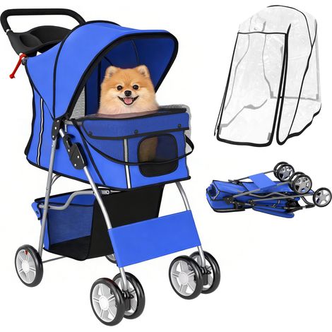 Hundewagen Hundebuggy Faltbar Katzenwagen bis 10kg mit Regenschutz Reflektorstreifen Aufbewahrungskorb 77x44x102cm Blau (1/5)