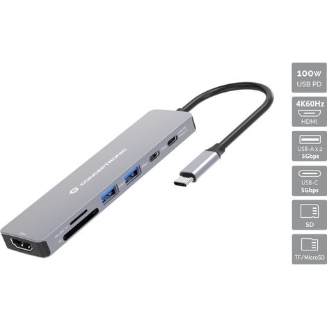 Conceptronic DONN28G replicatore di porte e docking station per laptop Cablato USB 3.2 Gen 1 (3.1 Gen 1) Type-C Grigio