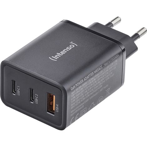 Intenso Power Adapter W65ACC, USB Netzteil mit 1 USB-A und 2 USB-C Anschlüssen, schwarz