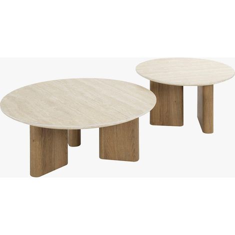 TIANA ROND Lot de 2 tables basses rondes en céramique beige pieds couleur chêne (1/5)