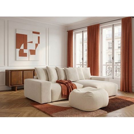BOBOCHIC - Canapé d'angle fixe réversible VOLTAIRE tissu chiné avec pouf Blanc (1/5)