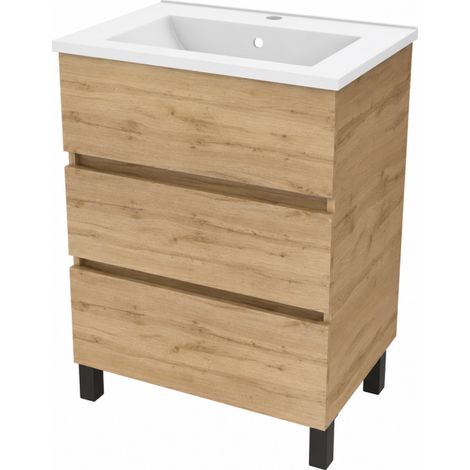Meuble et Vasque Céramique de Salle de Bain AURLANE 3 Tiroirs en Bois - LAV973-VC1