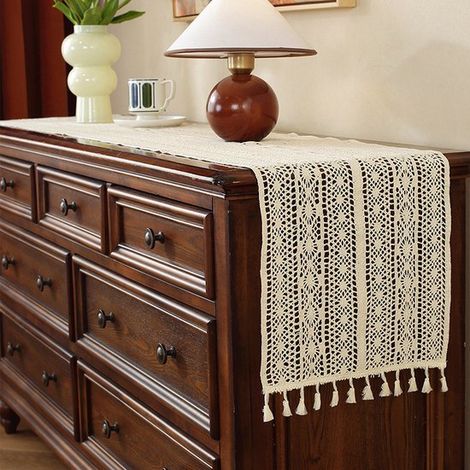 Runner da tavola color crema e beige in stile boho, tessuto a mano in cotone, stile rustico country, di facile manutenzione, per tavolo da pranzo e tavolino da caffè. (1/4)