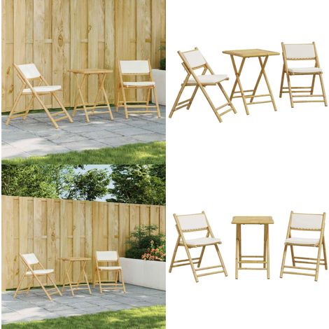 3-tlg. Bistro-Set Klappbar mit Cremeweißen Kissen Bambus - Bambusgartenmöbel - Outdoor-Lounge - Esstisch Set - Gartentisch - Gartenstuhl - Home & Living (1/5)