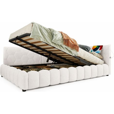 Lit de jour 140x200 cm convertible avec LED, rangement hydraulique, USB et Type-C, structure MDF, blanc, pour chambre moderne  CHICFURN (1/5)