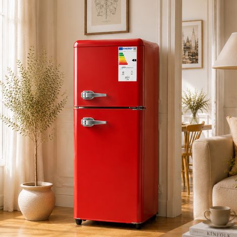 Doppeltürkühlschrank Kühl-Gefrier-Kombination 112L - 72L Kühl+40L Gefrier - 7-Stufige Temperaturregelung Energieklasse E - LED-Licht Verstellbare Böden Eierhalter Rot