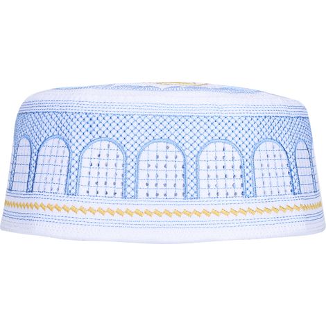 Chapeau musulman brodé pour la prière et le culte islamiques, couvre-chef d'Arabie saoudite, en polyester et coton bleu, taille 57 (1/5)