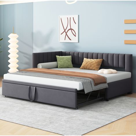 Bett Schlafbett ausziehbar 90x200 Polster Grau OKMYHOME (1/5)