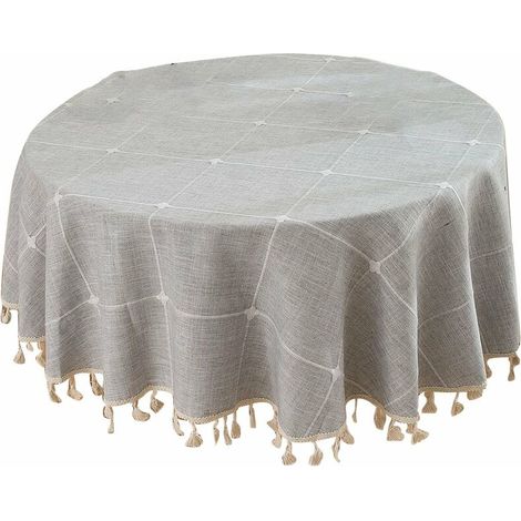Nappe ronde de 150 cm pour table ronde d'extérieur, sans plis, brodée (motif quadrillé gris) (1/5)