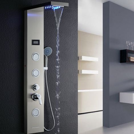 Auralum Panneau Colonne Douche Hydromassante Carrée Acier Inox avec Écran LCD et Lumières LED Multifonction à 3 Jets de Massage (1/5)